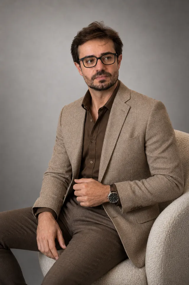 Dr. Fagner Guesser sentado em poltrona, de paletó bege