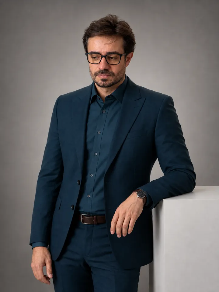 Dr. Fagner Guesser, de camisa e paletó azuis, apoiado em um móvel
